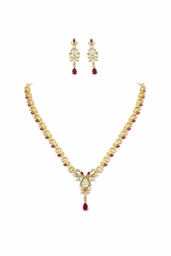 KAYRAH_Gold_Plated_Necklace_Set_with_Red_and_Green_Cubic_Zirconia_Stones,_Drop_Earrings,_Wedding_and_Festive