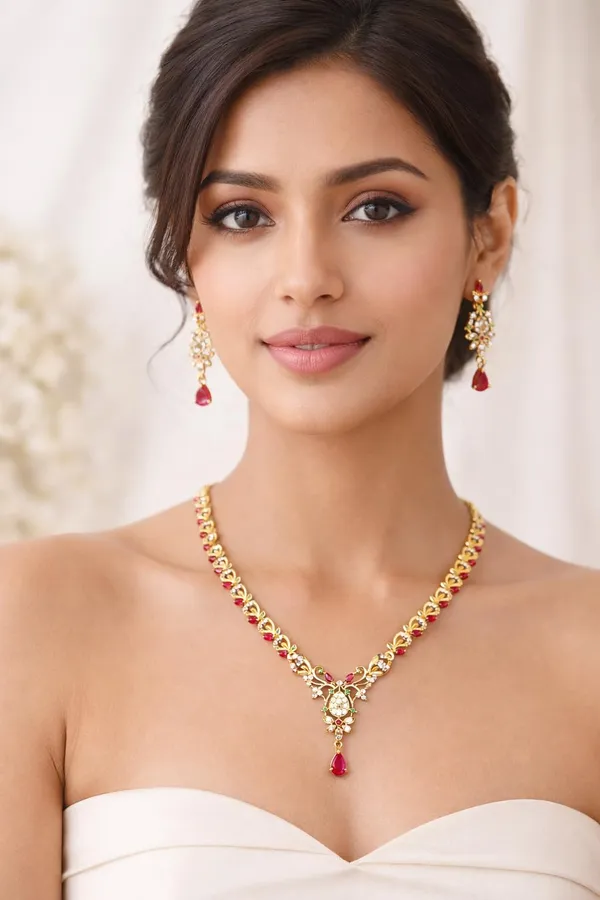 KAYRAH_Gold_Plated_Necklace_Set_with_Red_and_Green_Cubic_Zirconia_Stones,_Drop_Earrings,_Wedding_and_Festive