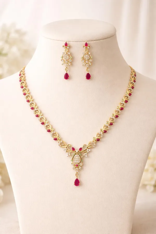 KAYRAH_Gold_Plated_Necklace_Set_with_Red_and_Green_Cubic_Zirconia_Stones,_Drop_Earrings,_Wedding_and_Festive