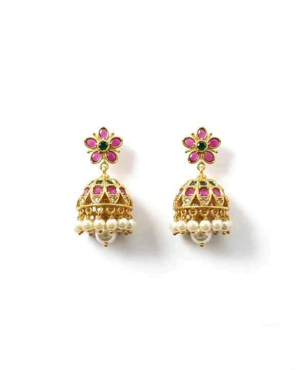 KAYRAH_Gold_Plated_Jhumka_Earrings,_Pink_and_Green_Floral,_Pearl_Drop,_Brass,_Traditional_Ethnic_Style,_Festive_and_Wedding
