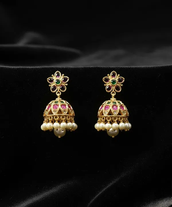 KAYRAH_Gold_Plated_Jhumka_Earrings,_Pink_and_Green_Floral,_Pearl_Drop,_Brass,_Traditional_Ethnic_Style,_Festive_and_Wedding