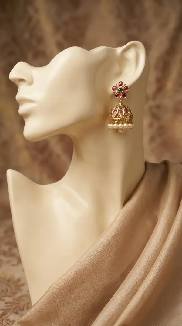 KAYRAH_Gold_Plated_Jhumka_Earrings,_Pink_and_Green_Floral,_Pearl_Drop,_Brass,_Traditional_Ethnic_Style,_Festive_and_Wedding