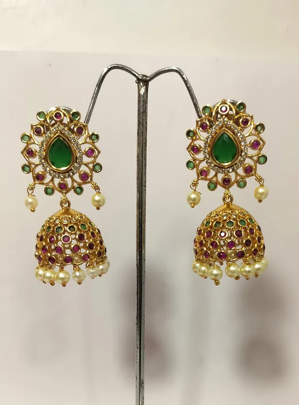KAYRAH_Gold_Plated_Jhumka_Earrings_with_Green_&_Pink_Cubic_Zirconia_Stones,_Pearl_Drop,_Traditional_Bridal_Ethnic_Style