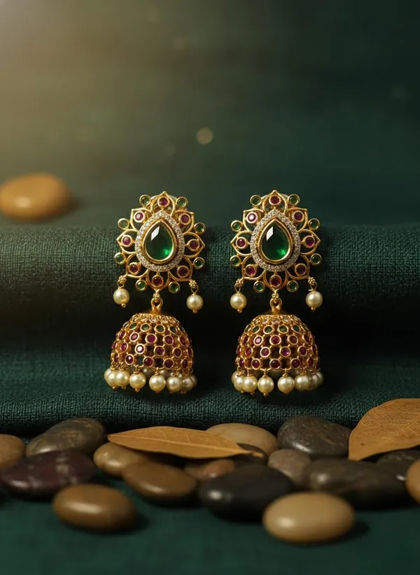 KAYRAH_Gold_Plated_Jhumka_Earrings_with_Green_&_Pink_Cubic_Zirconia_Stones,_Pearl_Drop,_Traditional_Bridal_Ethnic_Style