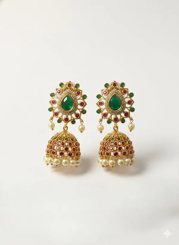 KAYRAH_Gold_Plated_Jhumka_Earrings_with_Green_&_Pink_Cubic_Zirconia_Stones,_Pearl_Drop,_Traditional_Bridal_Ethnic_Style
