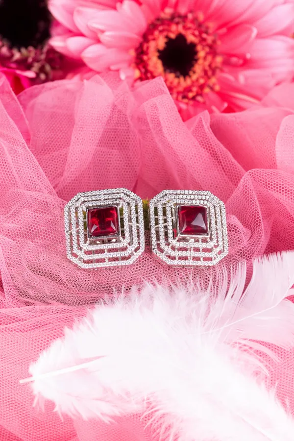 KAYRAH_Brass_CZ_Stone_Stud_Earrings_for_Women,_Western_Style_Piercing_Ear_Studs_(Red)