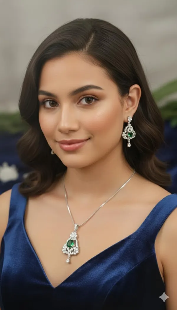 KAYRAH_Jewellery_Set,_Green_Cubic_Zirconia_Pendant_with_Matching_Earrings,_Brass,_High_Polish,_Fashion_Style
