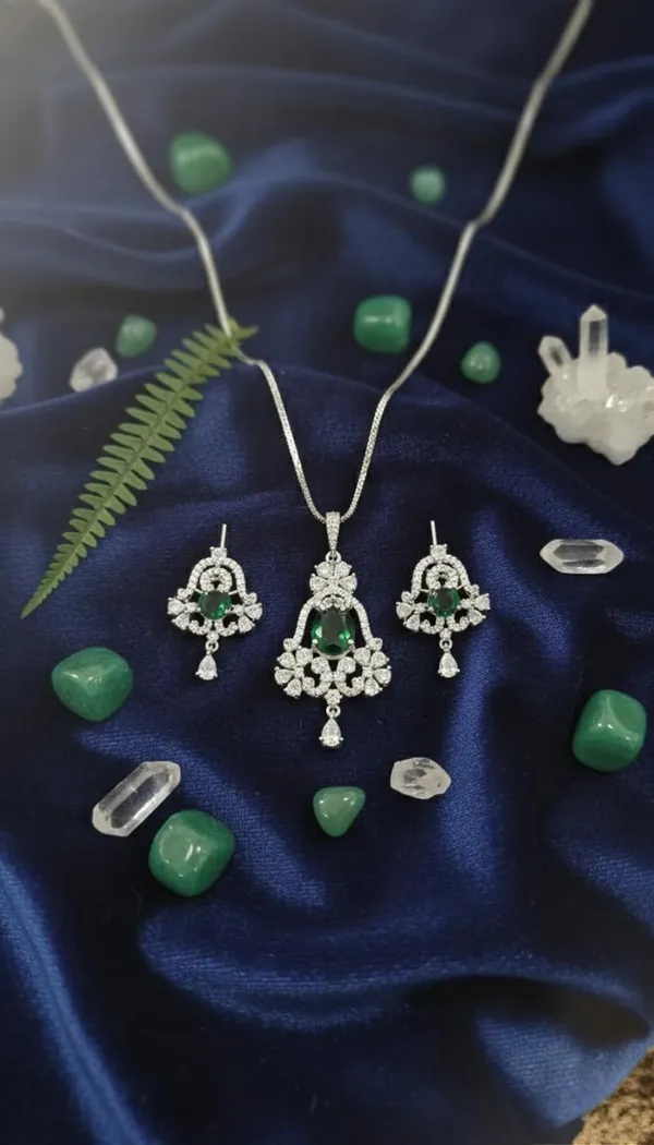 KAYRAH_Jewellery_Set,_Green_Cubic_Zirconia_Pendant_with_Matching_Earrings,_Brass,_High_Polish,_Fashion_Style