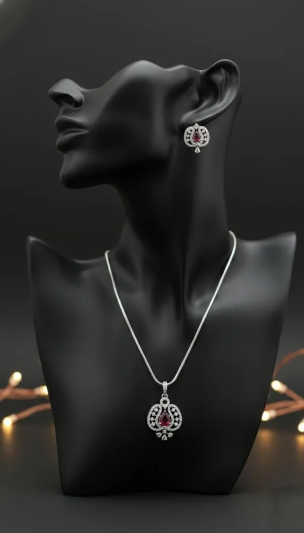KAYRAH_Silver_Plated_Jewellery_Set_with_Pink_Cubic_Zirconia_Stone,_Pendant_Necklace_and_Stud_Earrings,_Fashion_Style