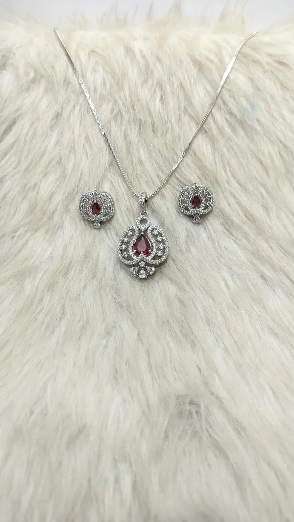 KAYRAH_Silver_Plated_Jewellery_Set_with_Pink_Cubic_Zirconia_Stone,_Pendant_Necklace_and_Stud_Earrings,_Fashion_Style