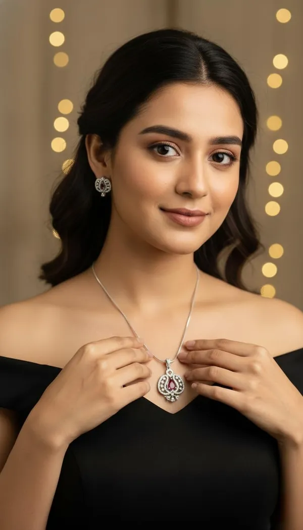 KAYRAH_Silver_Plated_Jewellery_Set_with_Pink_Cubic_Zirconia_Stone,_Pendant_Necklace_and_Stud_Earrings,_Fashion_Style