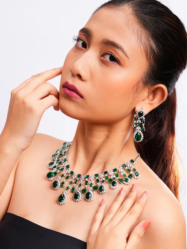 Hydro_Green_Brass_Silver_Plated_Handcrafted_Water_Resistance_CZ_Stone__Necklace__Set_For_Women