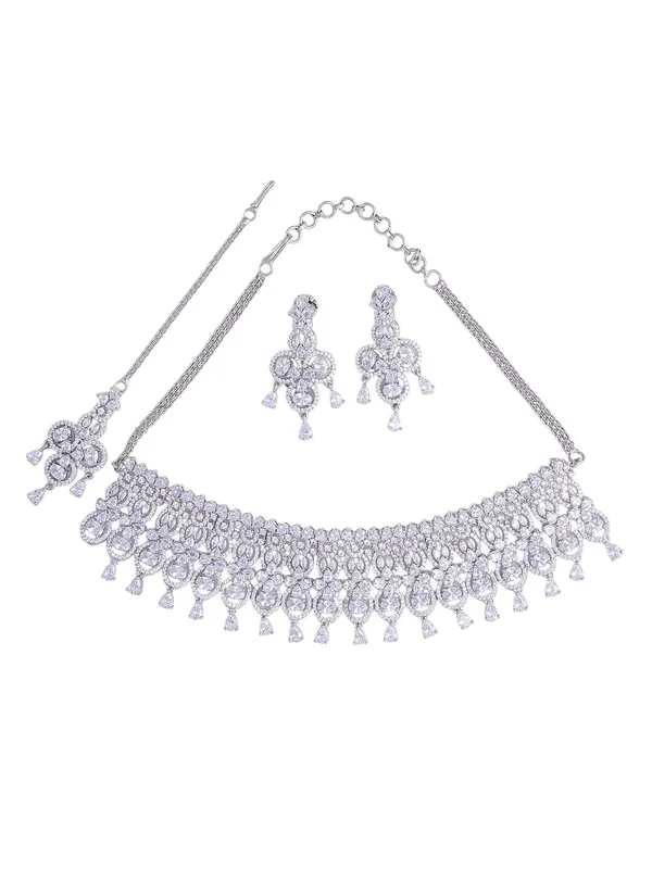 White_Brass_Silver_Plated_Handcrafted_Water_Resistance_CZ_Stone___Chocker_Set_For_Women