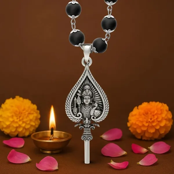 Murugan_Shastra_Pendant_With_Silver_Cap_Karungali_Mala_With_54_Ebony_Beads_For_Men_&_Women
