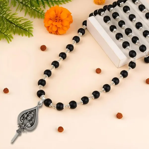 Murugan_Shastra_Pendant_With_Silver_Cap_Karungali_Mala_With_54_Ebony_Beads_For_Men_&_Women