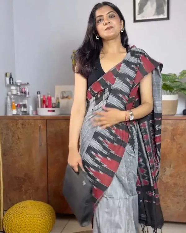 Charcoal_Whisper_-_Grey_Handwoven_Linen_with_Black_Blouse_Fabric