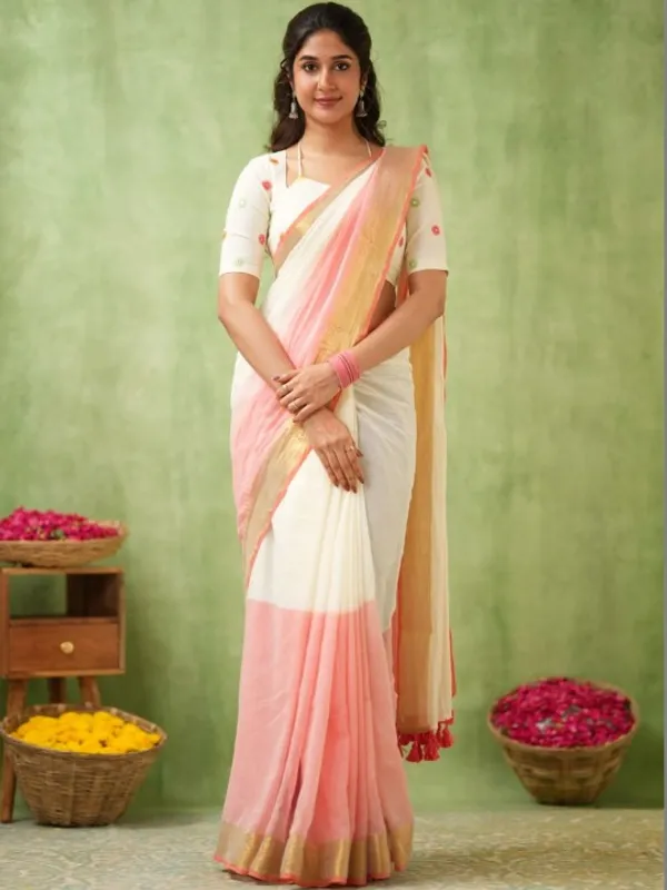 White_&_Peach_Mulmul_Cotton_Saree_with_Golden_Woven_Border_&_Matching_White_Blouse_Piece