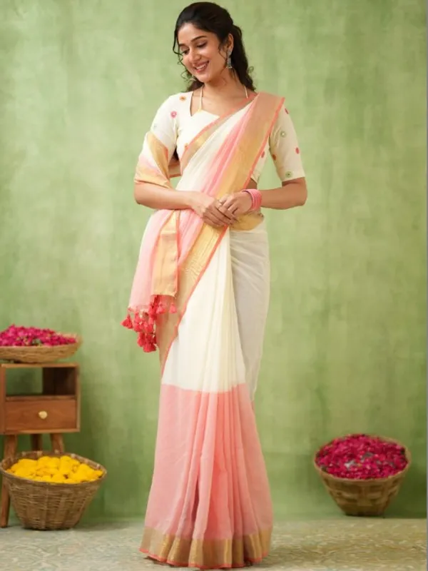 White_&_Peach_Mulmul_Cotton_Saree_with_Golden_Woven_Border_&_Matching_White_Blouse_Piece