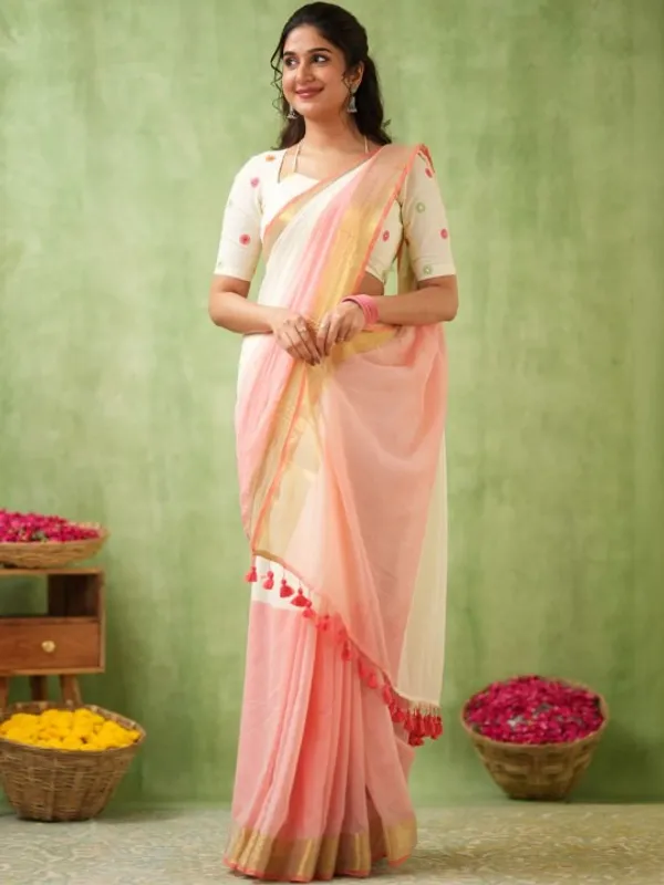 White_&_Peach_Mulmul_Cotton_Saree_with_Golden_Woven_Border_&_Matching_White_Blouse_Piece