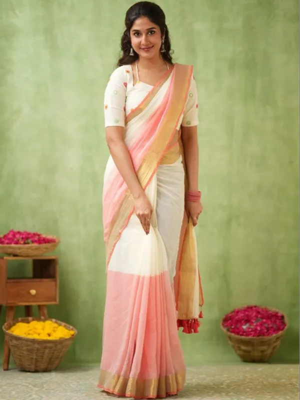 White_&_Peach_Mulmul_Cotton_Saree_with_Golden_Woven_Border_&_Matching_White_Blouse_Piece