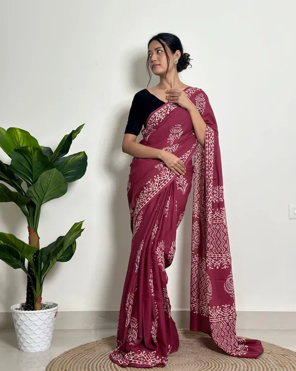 Marron_Color_1_Minute_Ready_To_Wear_Mulmul_Cotton_Digital_Printed_Saree_With_Pocket