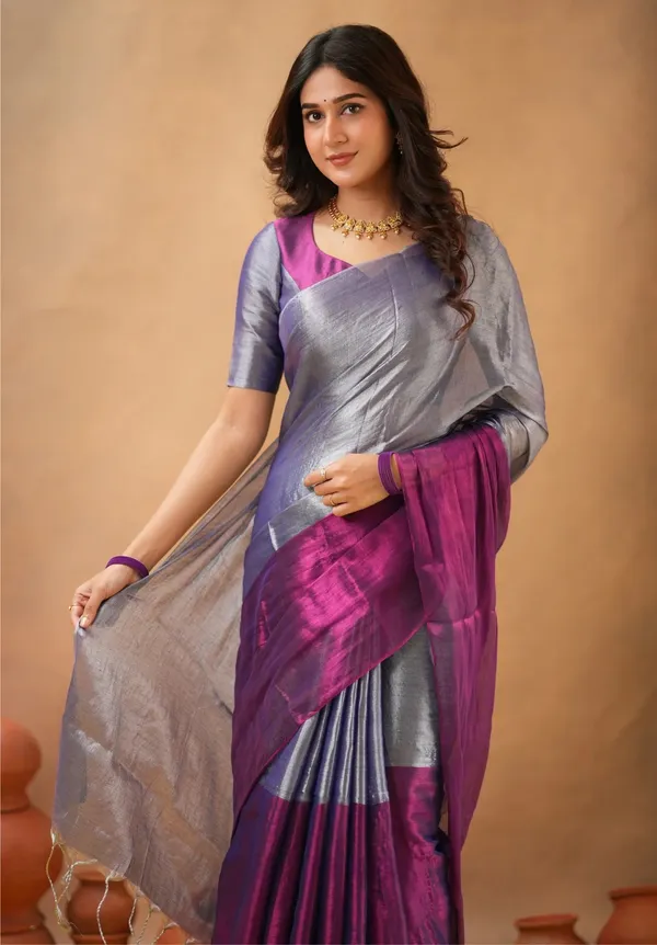 Purple_&_Silver_Tissue_Cotton_Saree_with_Blouse_Piece
