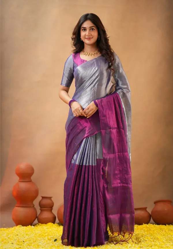 Purple_&_Silver_Tissue_Cotton_Saree_with_Blouse_Piece