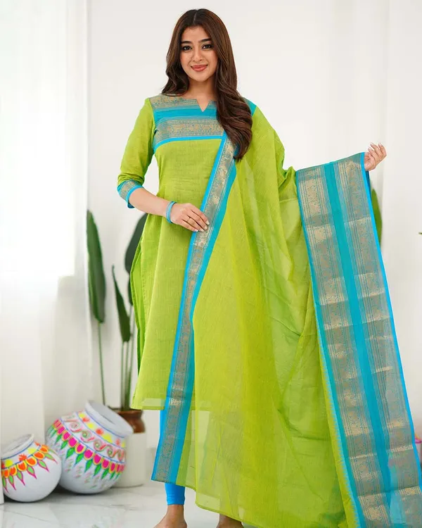 Green_Cotton_Salwar_With_Dupatta_For_Women
