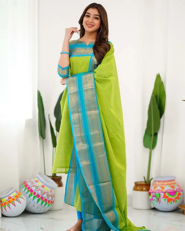 Green_Cotton_Salwar_With_Dupatta_For_Women