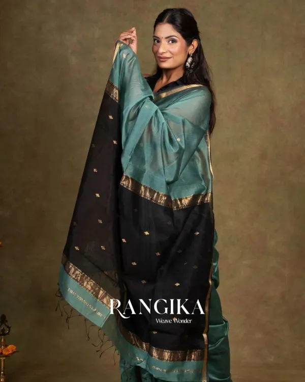 Bottle_Blue_And_Black_Premium_Cotton_Silk_Saree_With_Classy_Blouse_and_tassels