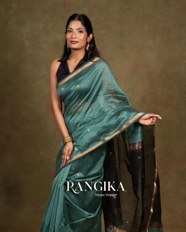 Bottle_Blue_And_Black_Premium_Cotton_Silk_Saree_With_Classy_Blouse_and_tassels