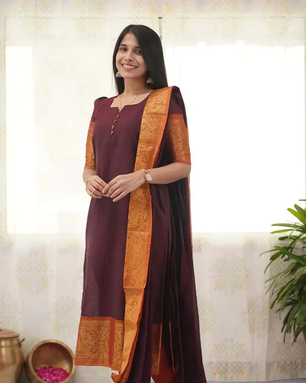 Brown_Cotton_Salwar_With_Dupatta_For_Women
