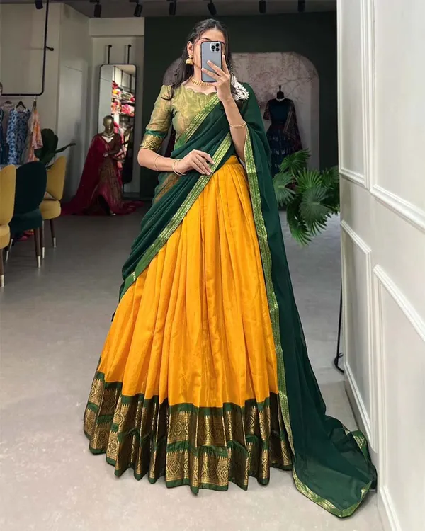Yellow_And_Green_Kanchipuram_Zari_Weaving_Half_Saree_With_Blouse___Silk_Dupatta
