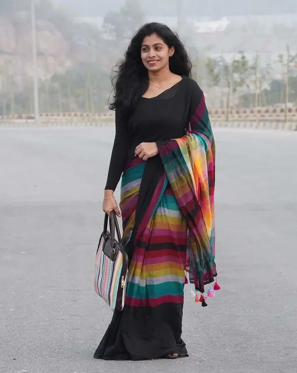 Rainbow_Eclipse_-_Black_Linen_Saree_with_Multicolor_Accent_and_Black_Blouse