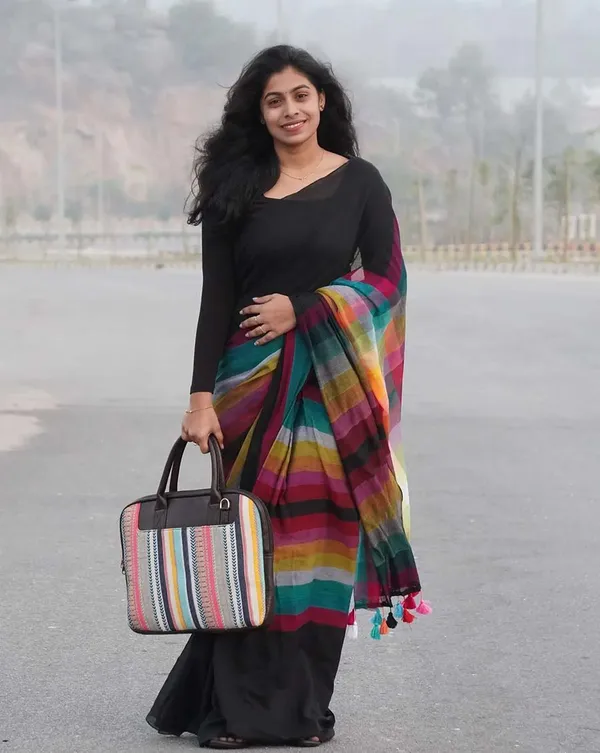 Rainbow_Eclipse_-_Black_Linen_Saree_with_Multicolor_Accent_and_Black_Blouse