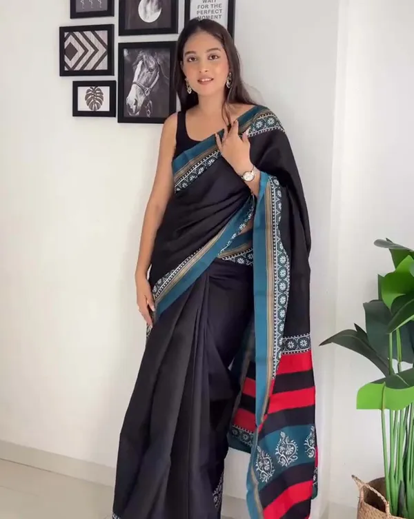 Dark_Horizon_-_Black_Linen_1-Minute_Ready_to_Wear_Saree_with_Blue_Border_&_Matching_Blouse