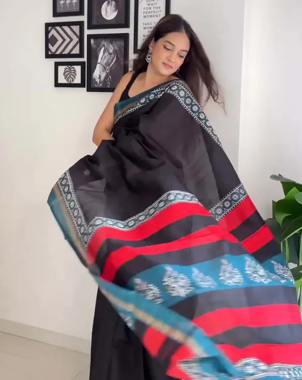 Dark_Horizon_-_Black_Linen_1-Minute_Ready_to_Wear_Saree_with_Blue_Border_&_Matching_Blouse