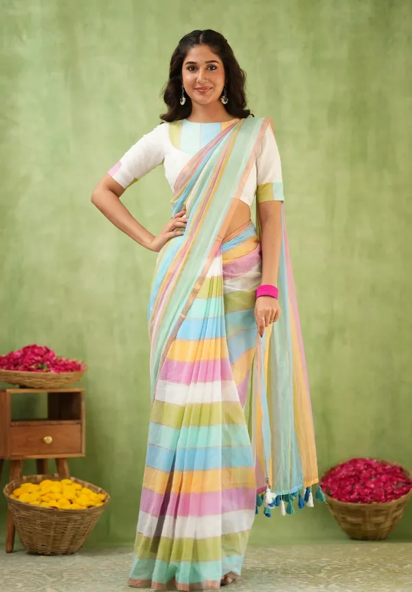 Pastel_Multicolor_Striped_Mulmul_Cotton_Saree_Saree_with_Blouse_Piece