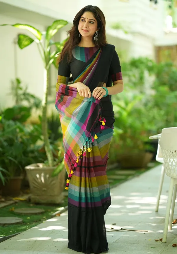 Black_Mulmul_Cotton_Saree_with_Multicolor_Striped_Pallu_&_Matching_Black_Blouse_Piece