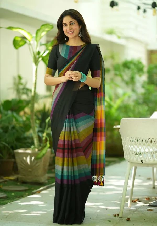 Black_Mulmul_Cotton_Saree_with_Multicolor_Striped_Pallu_&_Matching_Black_Blouse_Piece