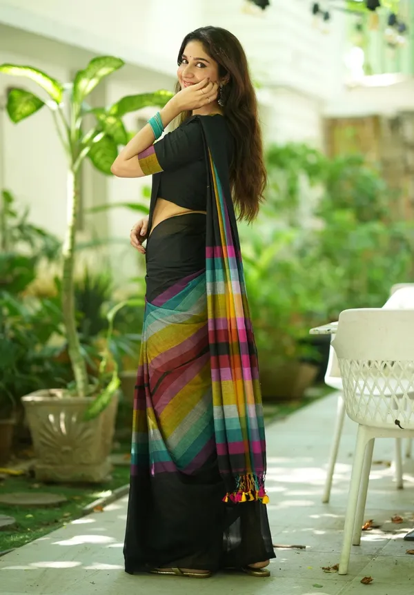 Black_Mulmul_Cotton_Saree_with_Multicolor_Striped_Pallu_&_Matching_Black_Blouse_Piece