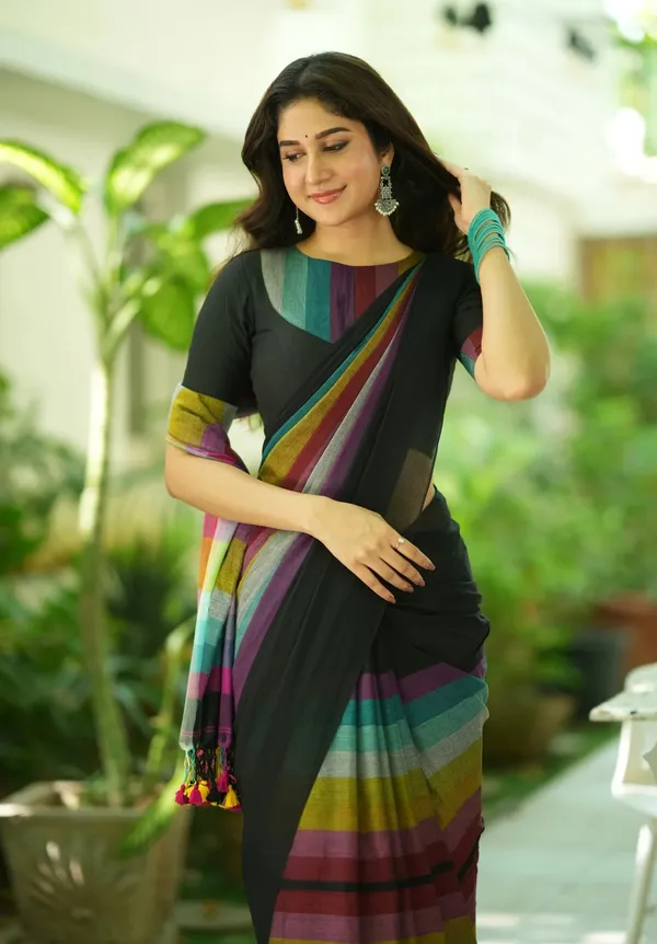 Black_Mulmul_Cotton_Saree_with_Multicolor_Striped_Pallu_&_Matching_Black_Blouse_Piece