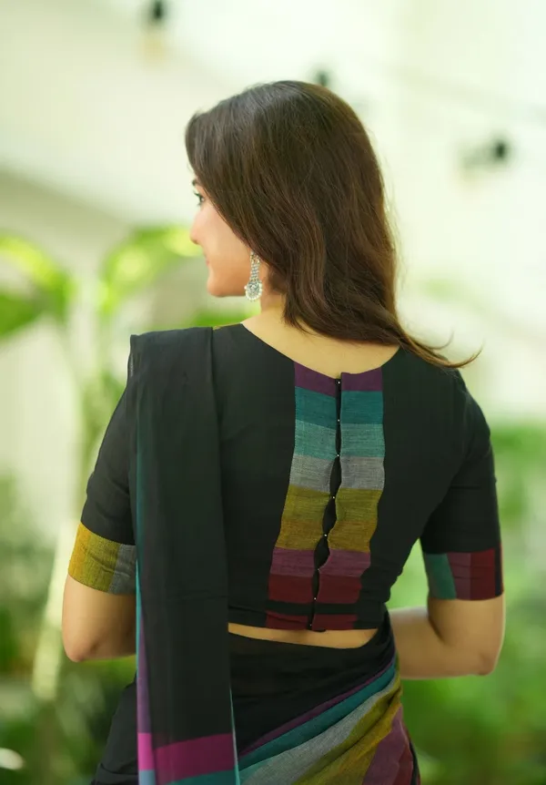 Black_Mulmul_Cotton_Saree_with_Multicolor_Striped_Pallu_&_Matching_Black_Blouse_Piece
