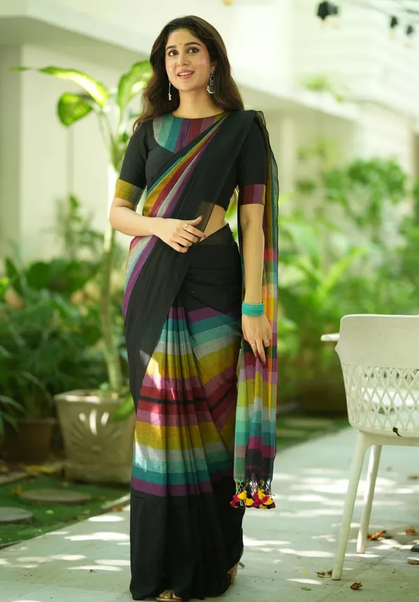 Black_Mulmul_Cotton_Saree_with_Multicolor_Striped_Pallu_&_Matching_Black_Blouse_Piece