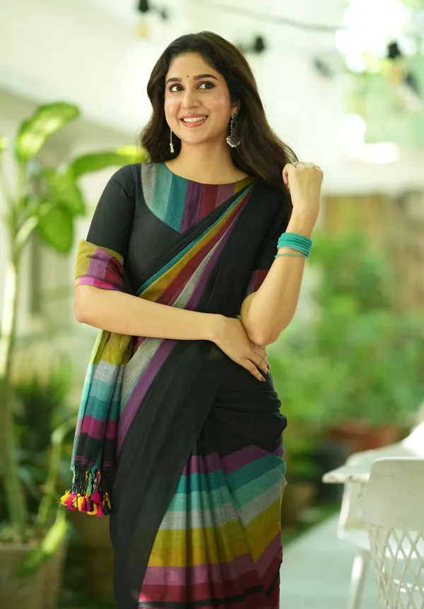 Black_Mulmul_Cotton_Saree_with_Multicolor_Striped_Pallu_&_Matching_Black_Blouse_Piece