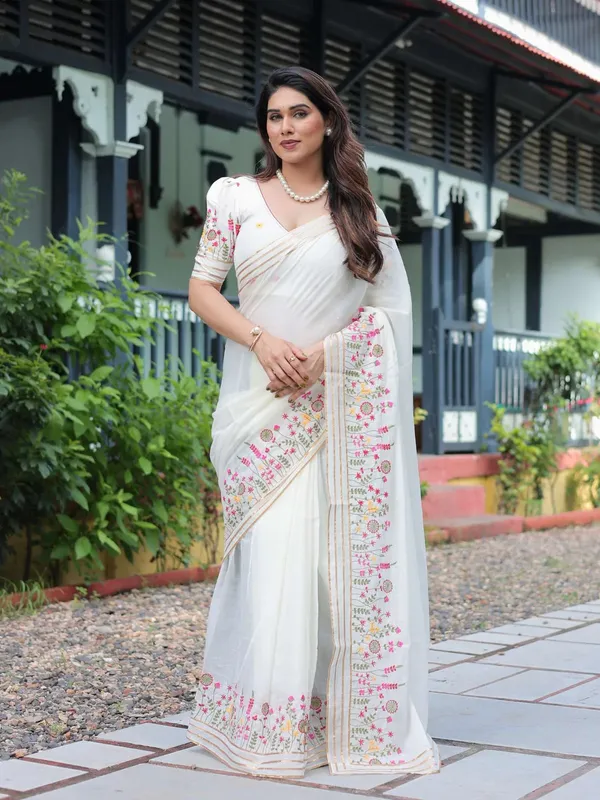 White_Soft_Mulmul_Cotton_Saree_with_Beautiful_Multicolor_Thread_Embroidery,_with_Blouse_Piece