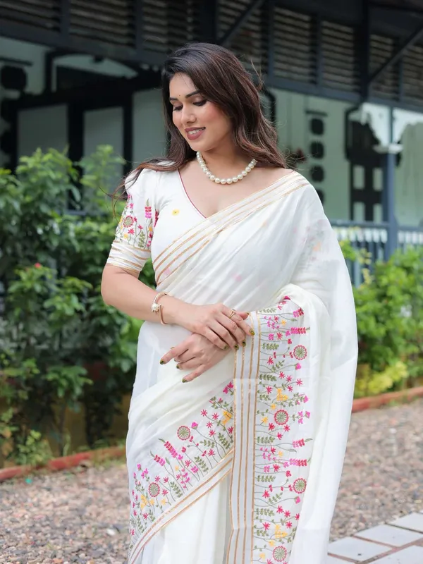 White_Soft_Mulmul_Cotton_Saree_with_Beautiful_Multicolor_Thread_Embroidery,_with_Blouse_Piece