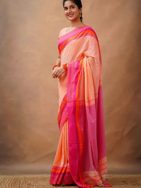 Peach_Pink_Mulmul__Cotton_Saree_with_Vibrant_Contrast_Border_&_Blouse_Piece