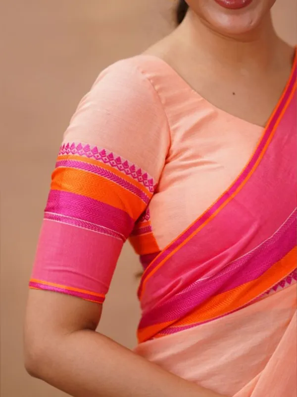 Peach_Pink_Mulmul__Cotton_Saree_with_Vibrant_Contrast_Border_&_Blouse_Piece