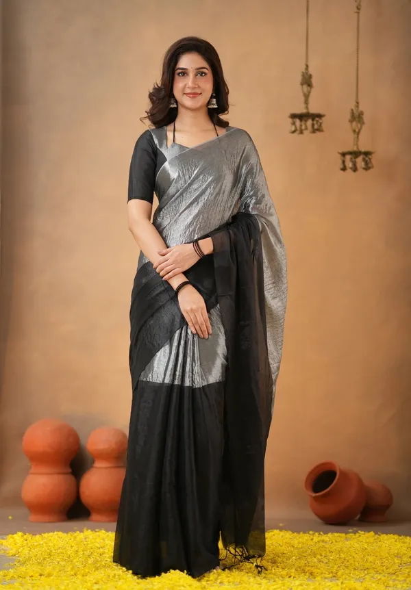 Black_&_Silver_Tissue_Cotton_Saree_with_Blouse_Piece